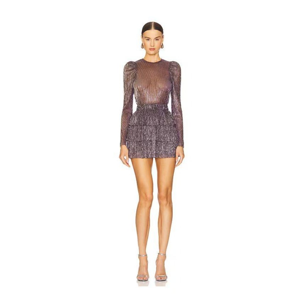 Sabina Musayev Purple Metallic Tiered Ruffle Mini Dress Long Sleeve Size S AS IS - Picture 1 of 8
